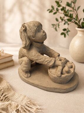 Neutral Home Decor - Girl with Basket of Kittens Sculpture